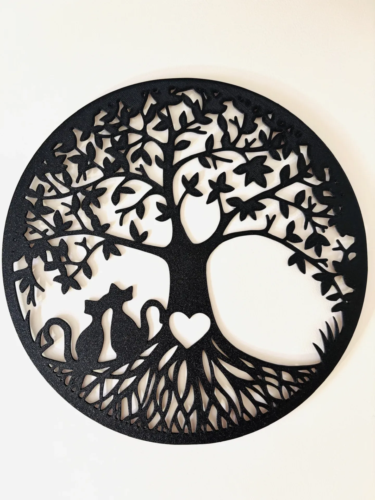 Wall Art Albero della Vita con Gatti Innamorati - Decorazione Parete Moderna Stampa 3D - Quadro Circolare Nero 23cm - Idea Regalo Casa